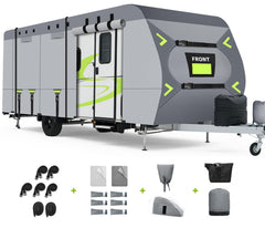 Xenjum Heavy Duty 8-Layer RV cover front view protecting trailer from sun and debris