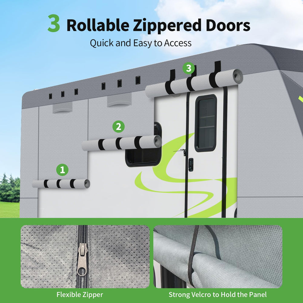 3 roll-up doors on Xenjum RV cover for quick interior access