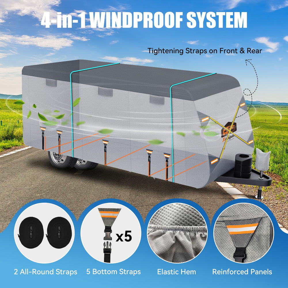 Xenjum travel trailer cover windproof straps stabilize the RV in wind.