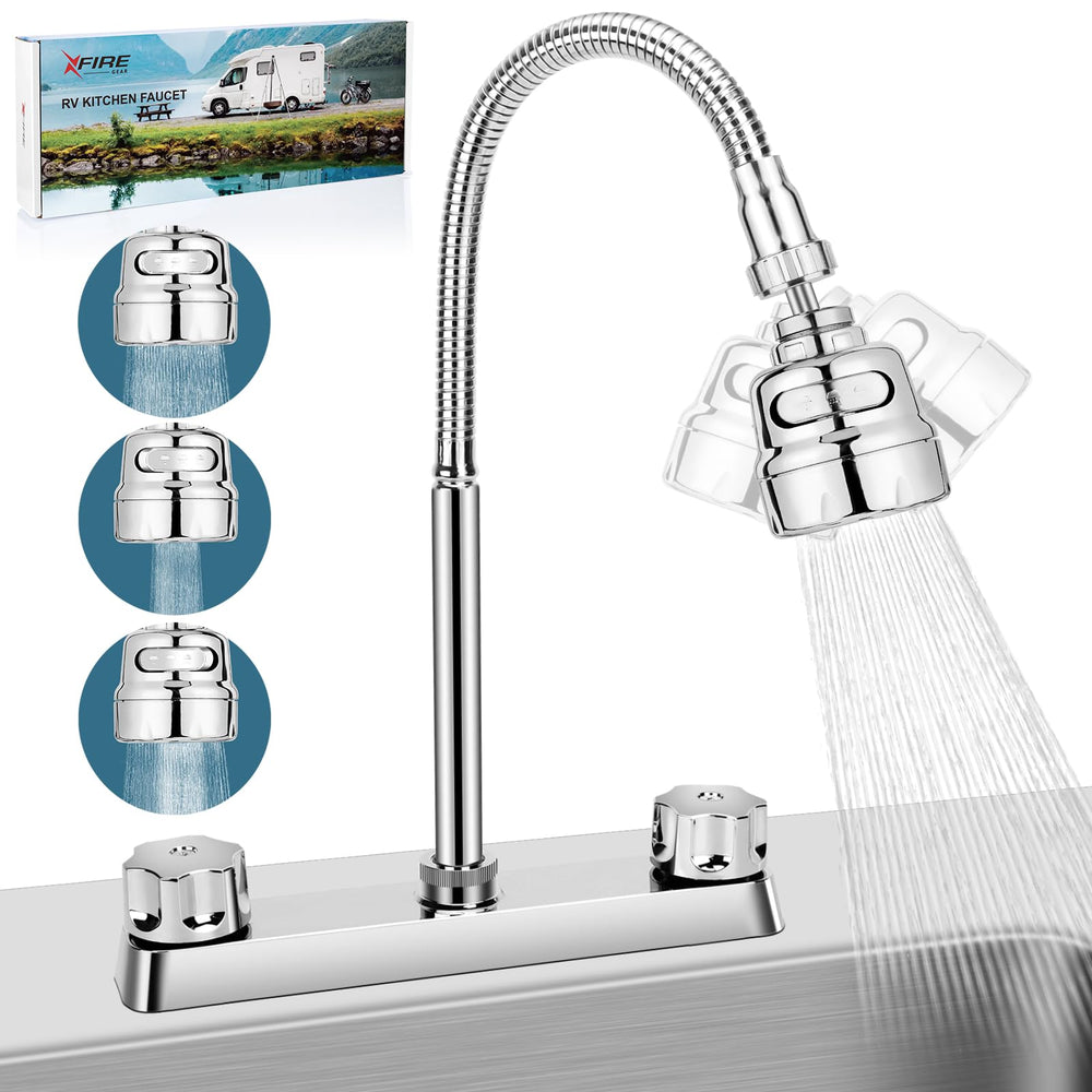 XFIRE-GEAR RV sink faucet 360-degree sprayer for flexible cleaning in RV kitchens.