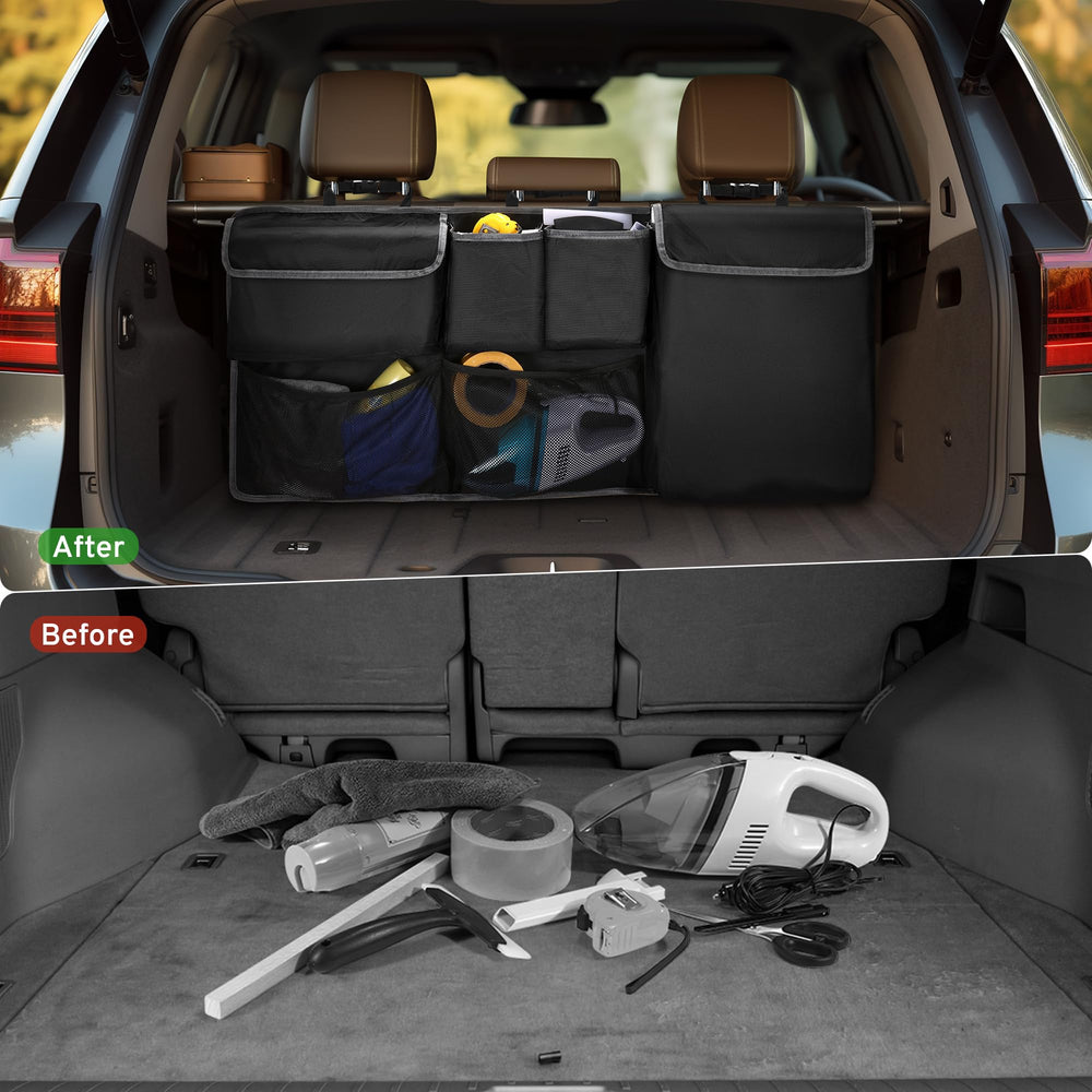 XHRING trunk organizer six pockets keeps tools and supplies neatly organized.