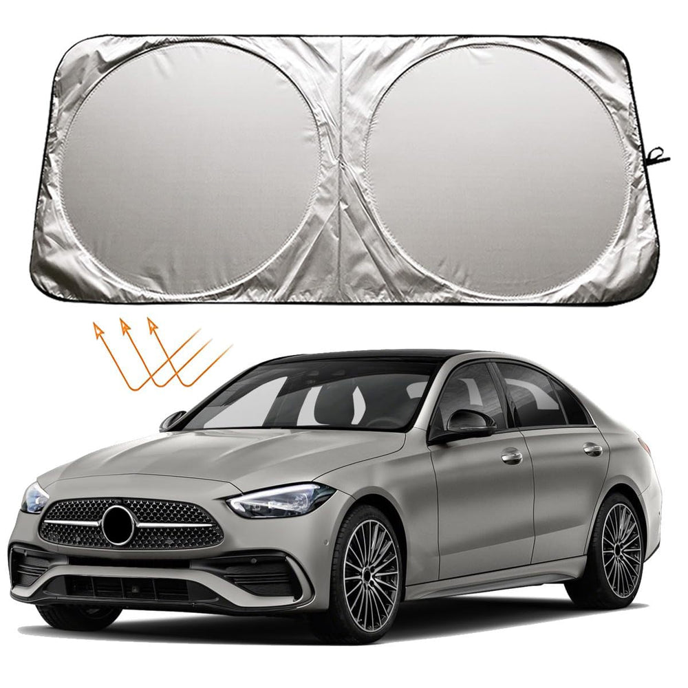 XHRING windshield sun shade front view fits Mercedes and reduces interior heat.