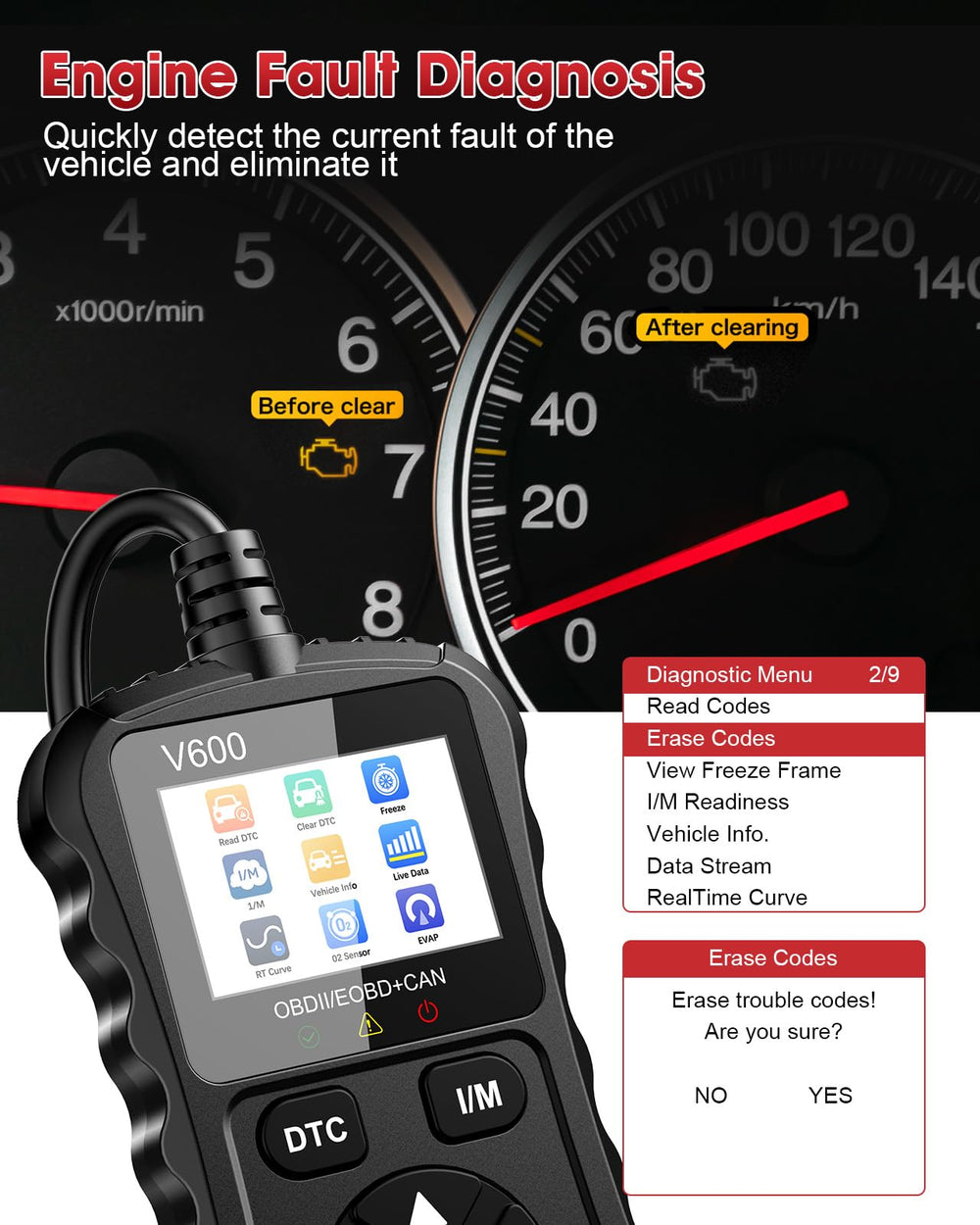 XIAUODO OBD2 scanner diagnostics — 30,000+ fault code database at a glance.
