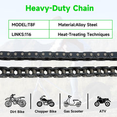 XIKOBY 116-link chain on mini dirt bike for endurance and durability.