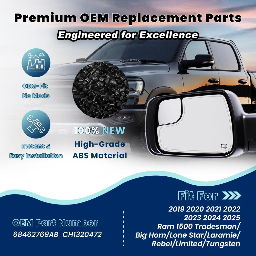 Xingsichuang Ram 1500 left mirror, black shell, weather-resistant design.