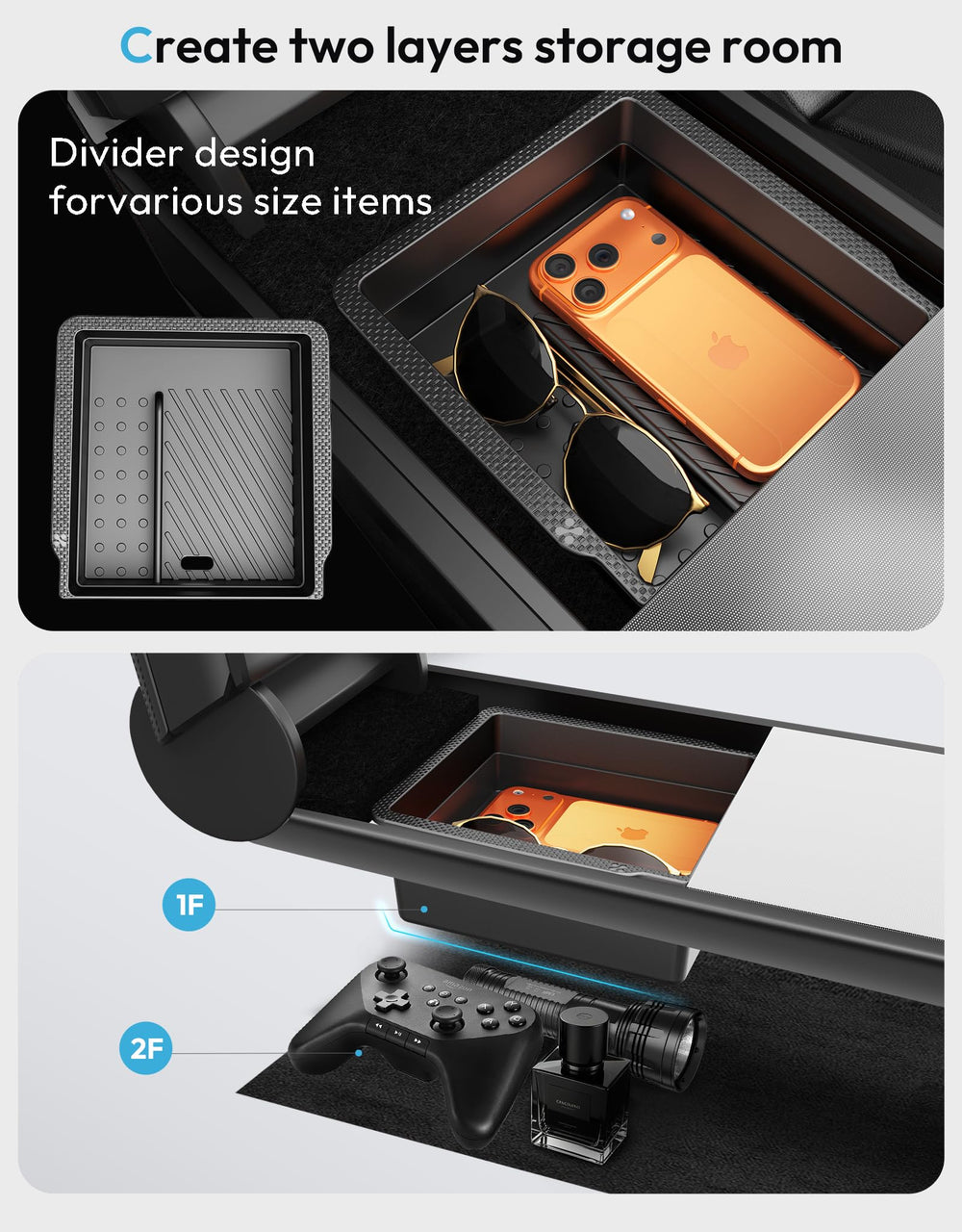 XINTUO sliding tray provides easy access to phones and cards.