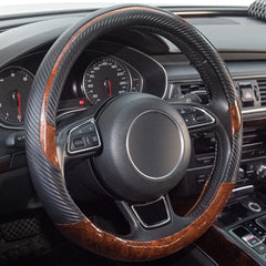 Xizopucy wood grain steering wheel cover in black enhances grip and style.