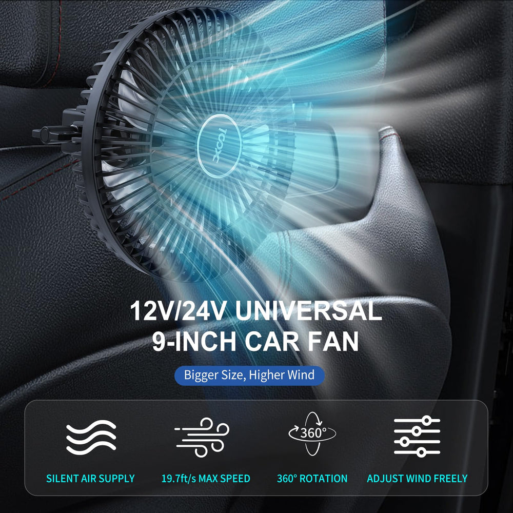XOOL Clip Car Fan 360° rotatable head for directional cooling.