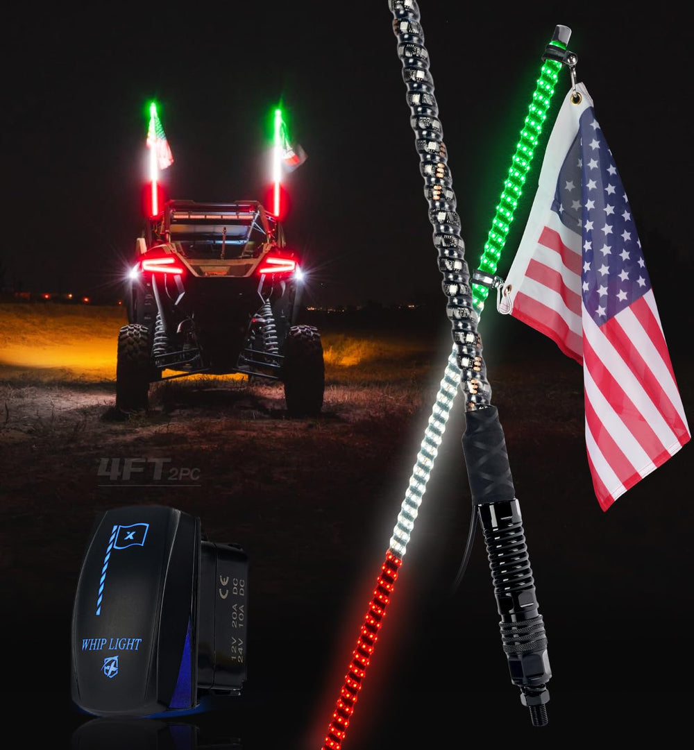 Xprite 4ft green-white-red spiral LED whip lights the trail for off-road visibility