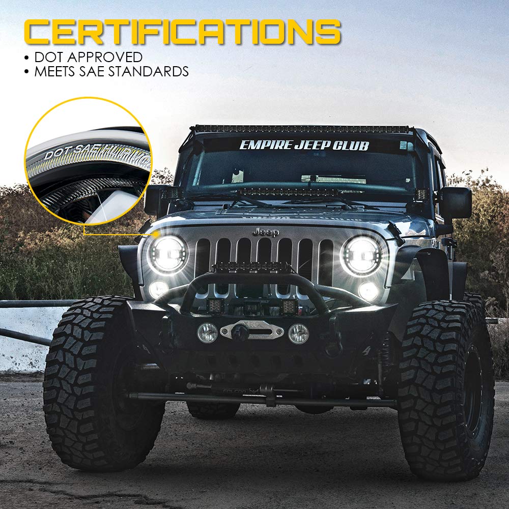 Xprite 7-inch round headlights die-cast housing detail for durability.