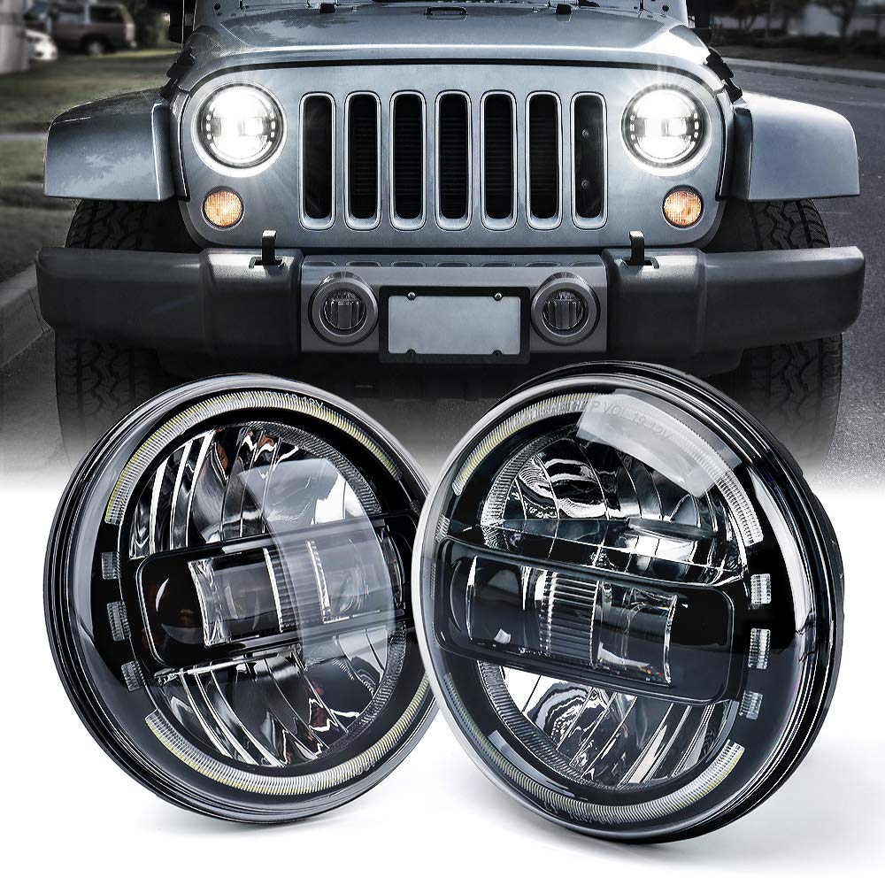 Xprite 7-inch LED headlights front view for Jeep Wrangler enhances night visibility.