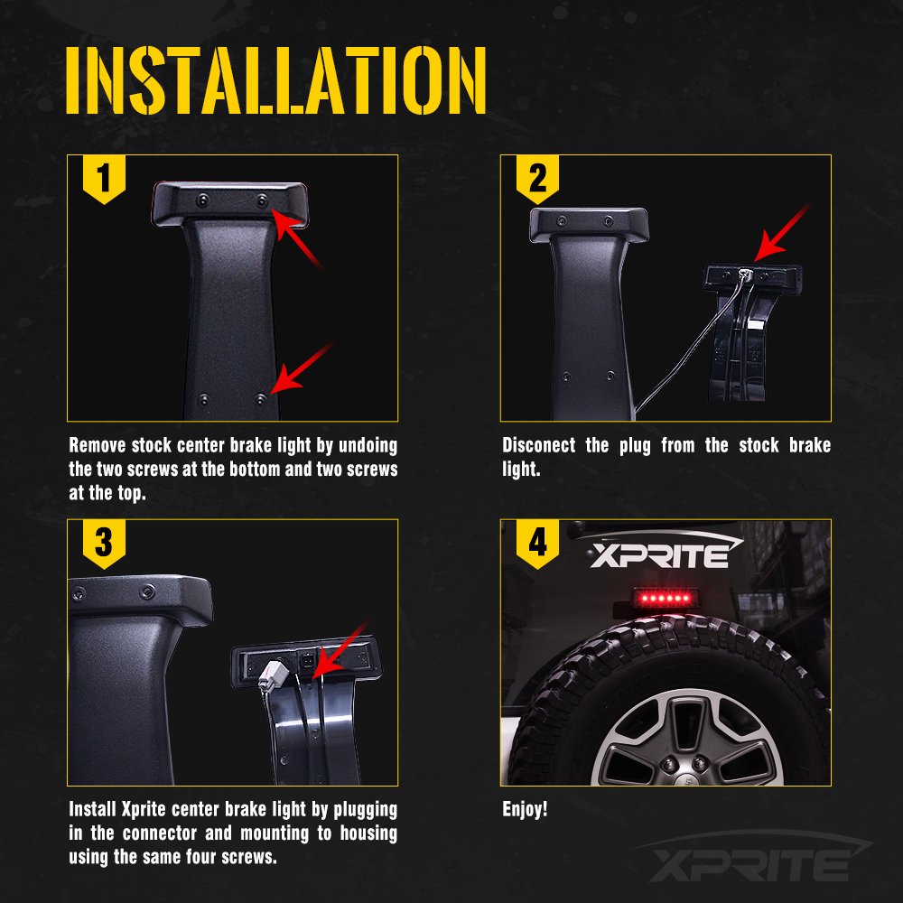 Xprite plug-and-play brake light installs without drilling for Jeep Wranglers