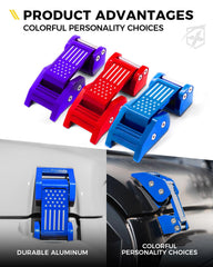 Xprite aluminum blue hood latches with US flag close-up detail