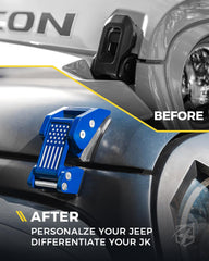 Xprite hood latches with US flag on Jeep Wrangler JK side-mount view