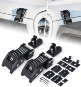Xprite hood latches with U.S. flag design showing durable aluminum construction for Jeep Wranglers.
