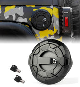 Xprite locking gas cap cover front view showing secure, rugged jeep accessory
