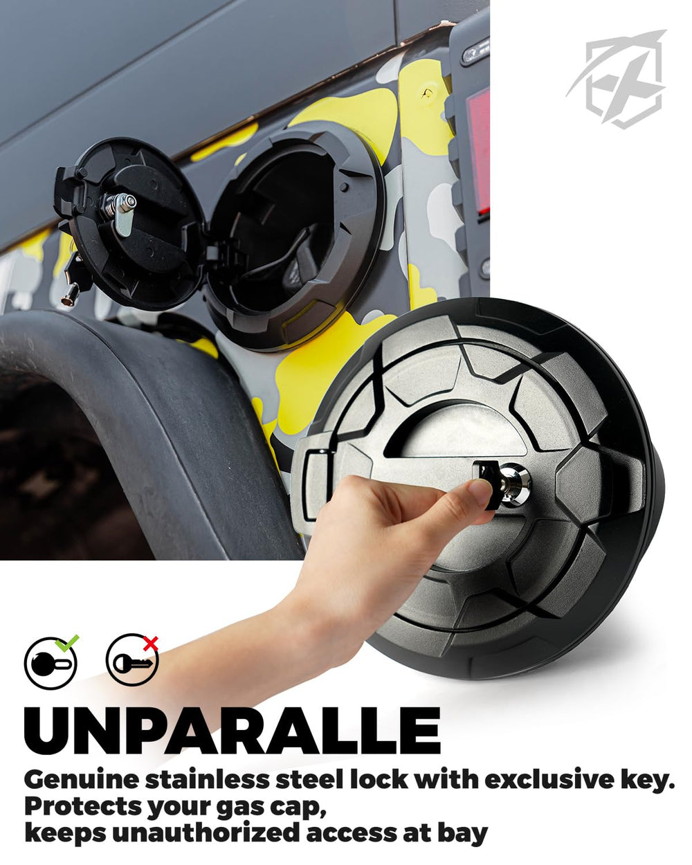 Xprite locking gas cap cover lock mechanism closeup with key access
