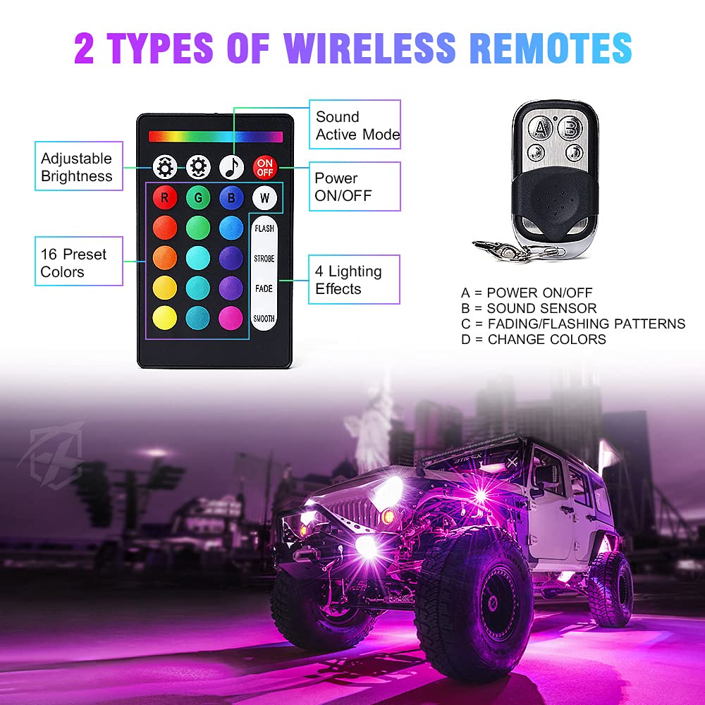 Xprite rock lights wireless remote control for quick adjustments.