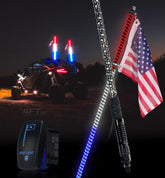 Xprite spiral 4ft LED whip with red white blue flag enhances visibility on dusk trails.
