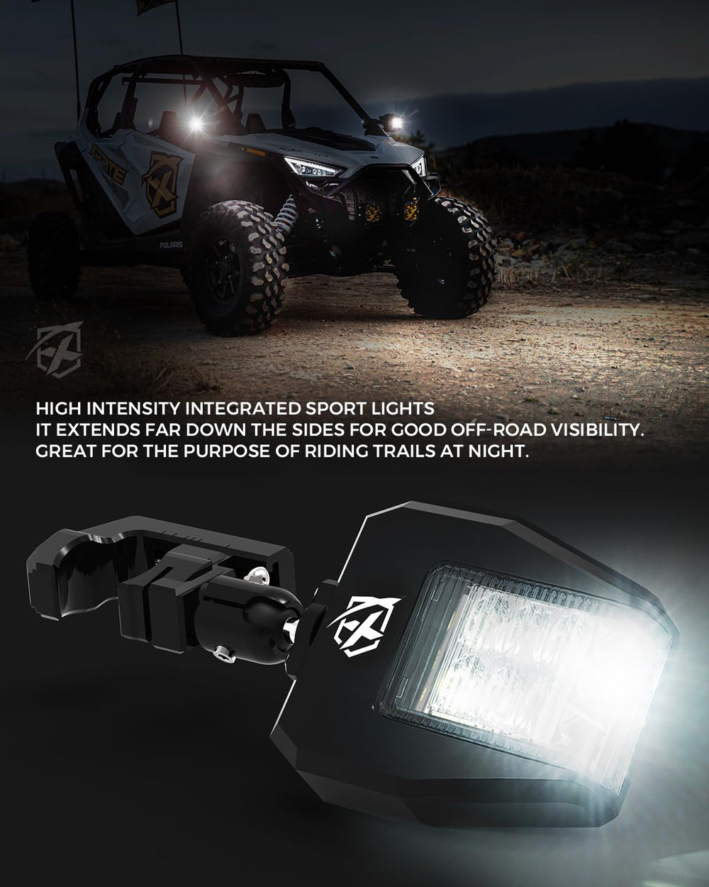 Xprite UTV LED spot light close‑up showing high intensity beam.