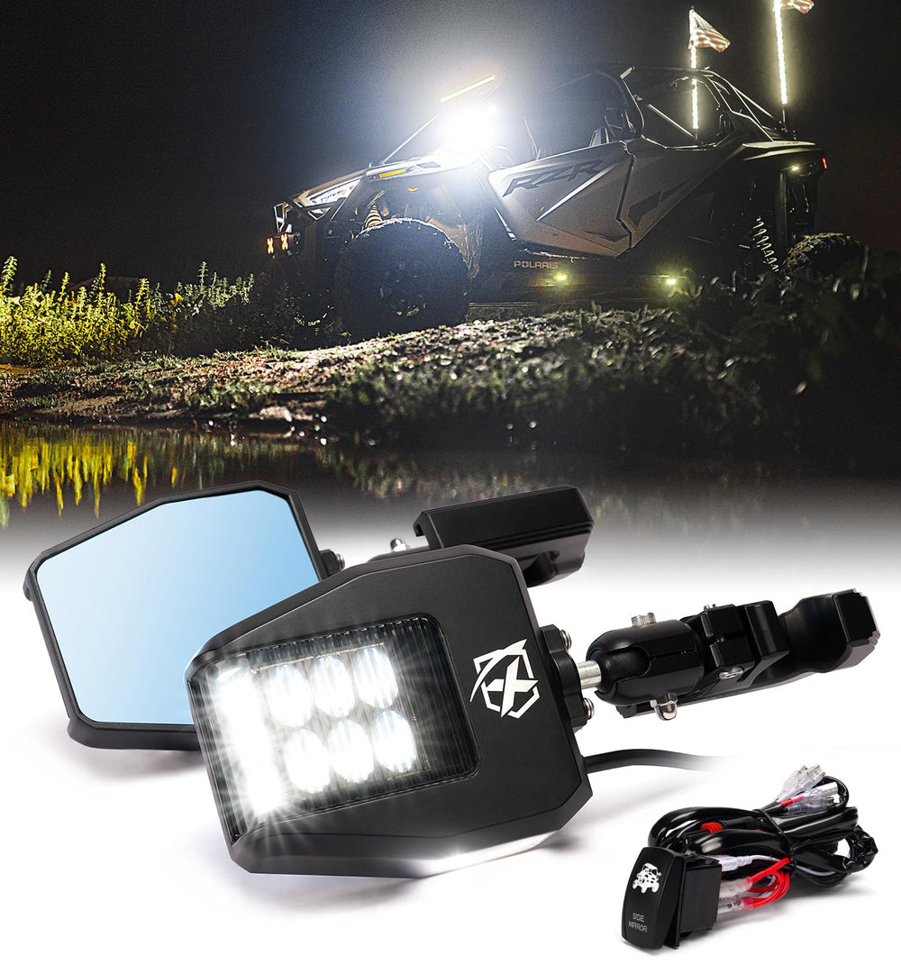 Xprite UTV side view mirror with smoke lens for clearer rear viewing.
