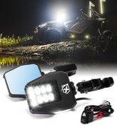 Xprite UTV side view mirror with smoke lens for clearer rear viewing.