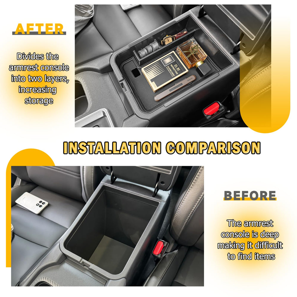 X-TKER two-level console organizer demonstrates expanded space under tray