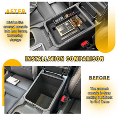 X-TKER two-level console organizer demonstrates expanded space under tray