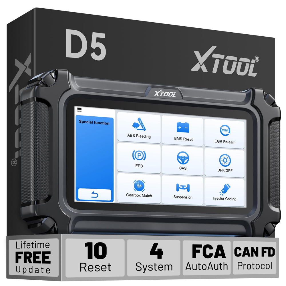 XTOOL D5 screen shows engine and ABS live data for diagnostics.