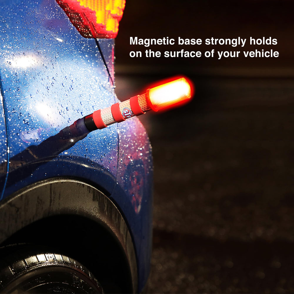 XTREME STP LED Road Flares built-in magnet sticks to car for quick adhesion.