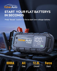 YaberAuto YA60 jump starter with heavy-duty 8AWG cables for safe connections.