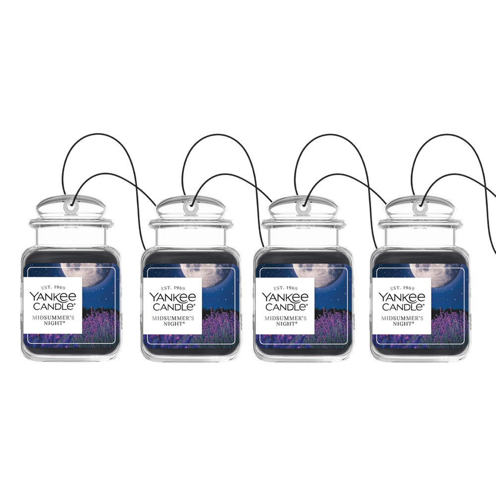 Yankee Candle Car Jar Ultimate Midsummer's Night packaging showcases easy hanging and replacement signal.