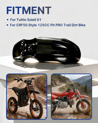 YAORISE front fender for CRF50-style 125cc mounted with improved trail cleanliness.
