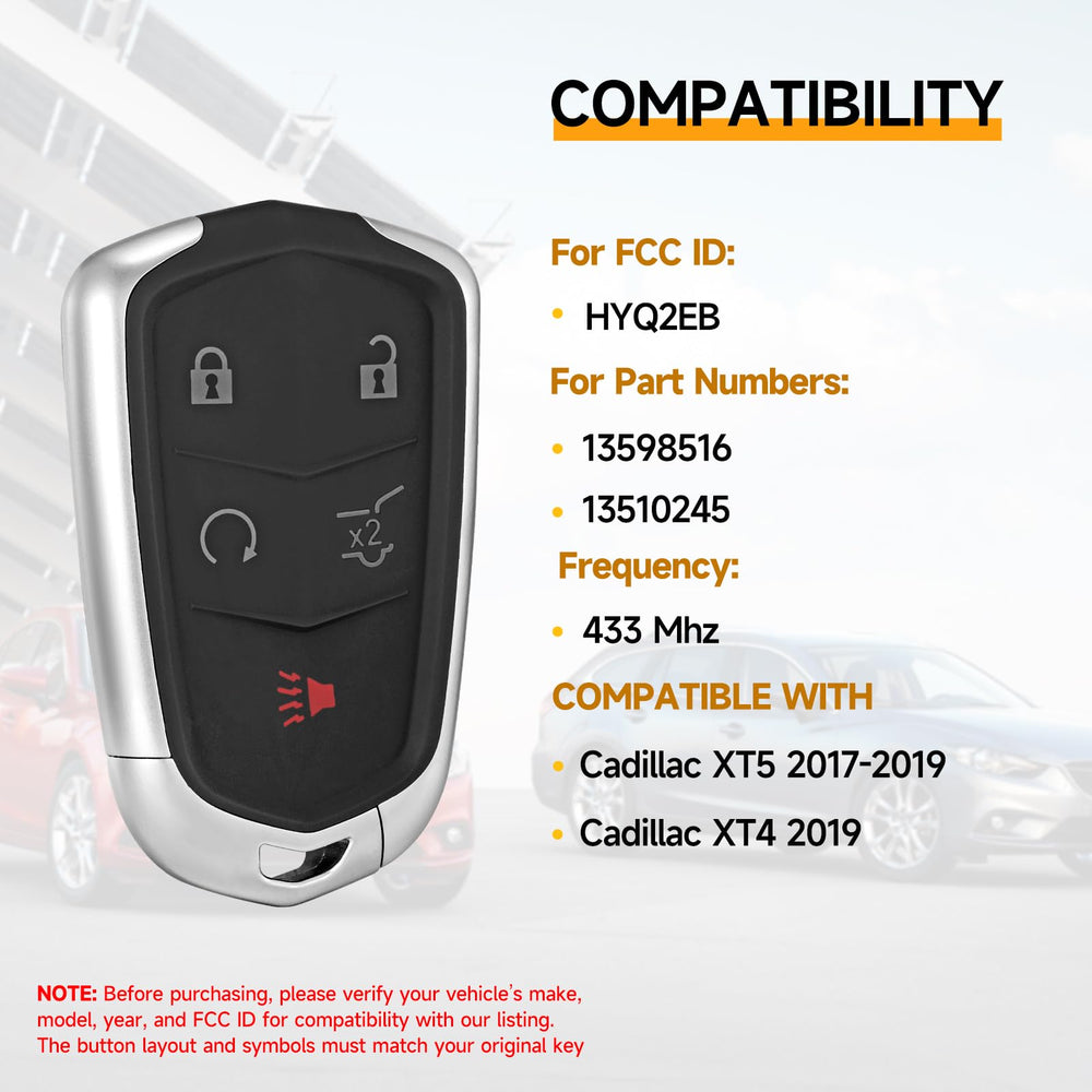 YDTHTLAH Cadillac XT4 replacement key fob, side view with pre-installed battery.