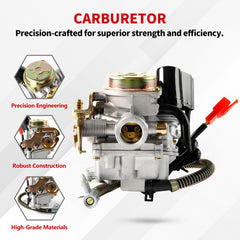 YDO GY6 50cc carburetor body close-up highlighting durable construction.