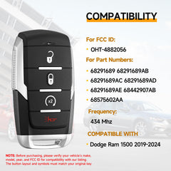 YDTHTLAH Dodge Ram 1500 key fob back shows battery area and compatibility features.
