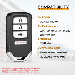 YDTHTLAH replacement fob back view for Honda Civic 2013-2015, 72147-T2A-A01/02.