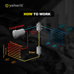 YEHERIT AC compressor with clutch — installation-ready unit on a workbench.