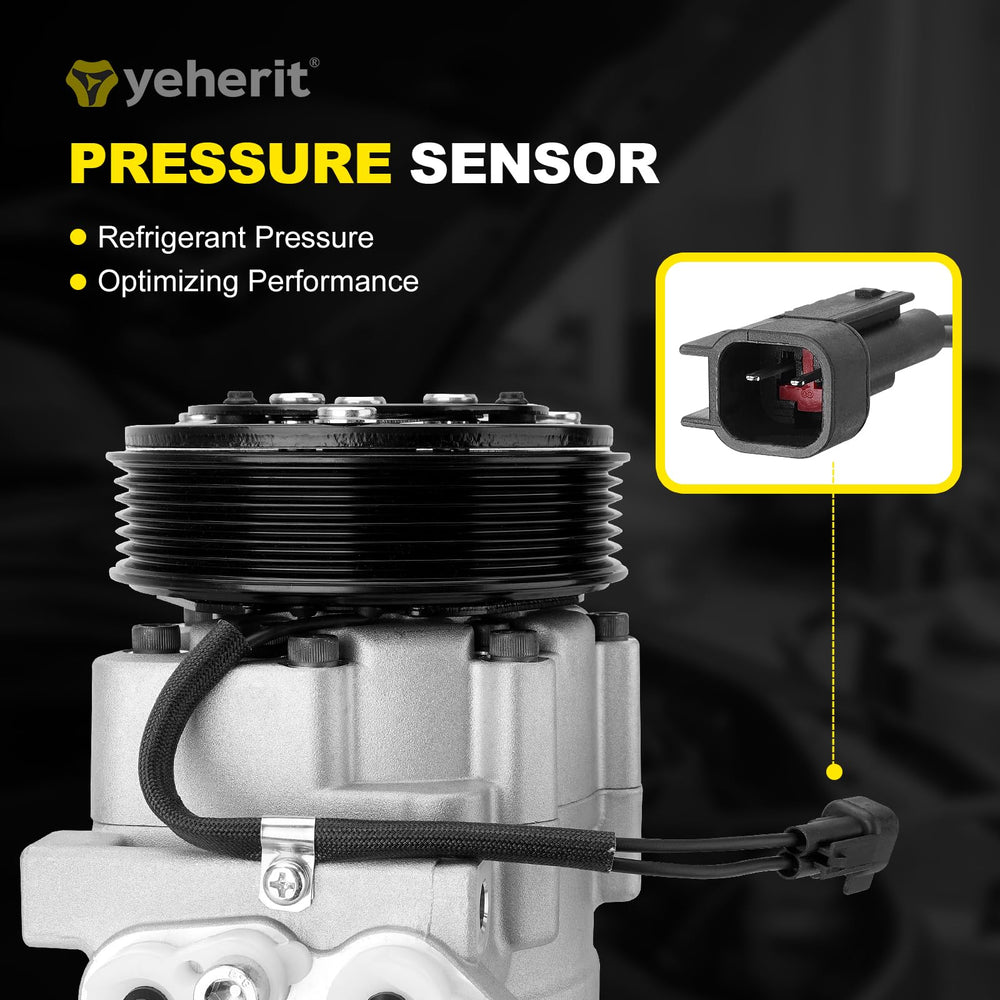YEHERIT AC compressor with clutch — oil-prefilled image shows 170 ml prefill.