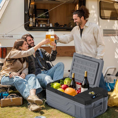 Yellow Jacket 12V car fridge supports multi-power inputs for home or road use.