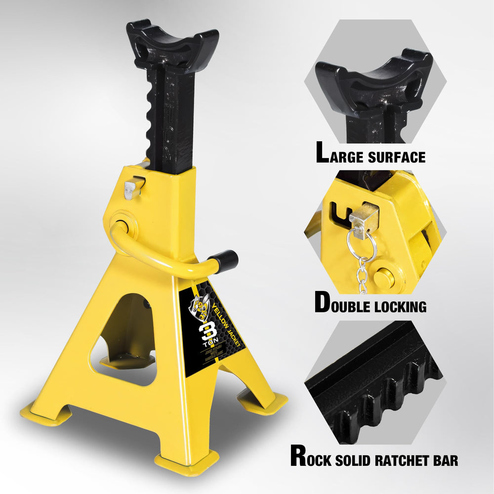 Yellow Jacket 3-ton jack stands with sawtooth height adjustments for precise positioning.