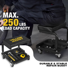 Yellow Jacket garage stool with wheels and tool tray keeps tools within reach.