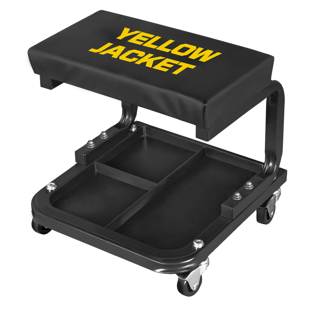 Yellow Jacket mechanic rolling stool with 250 lb capacity in a busy garage.