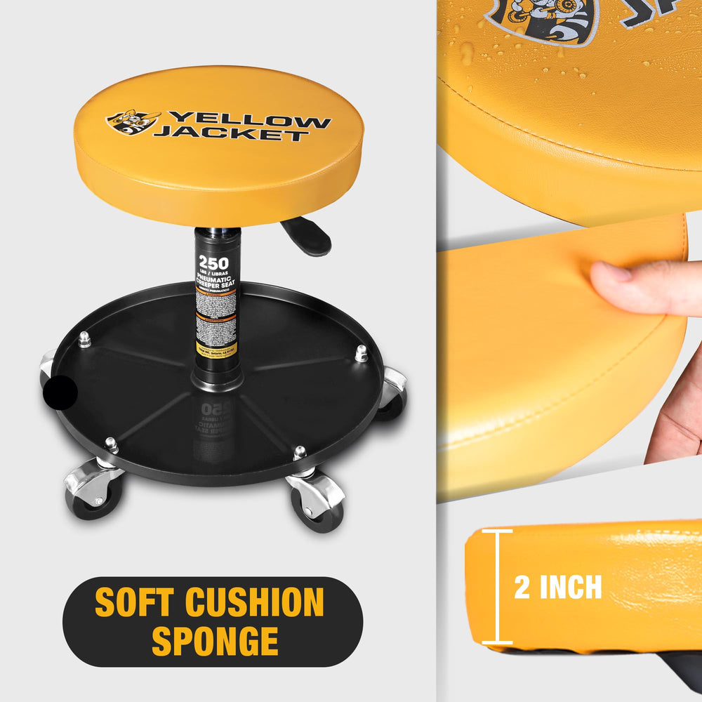 Yellow Jacket stool with tool tray keeps wrenches within reach during tasks