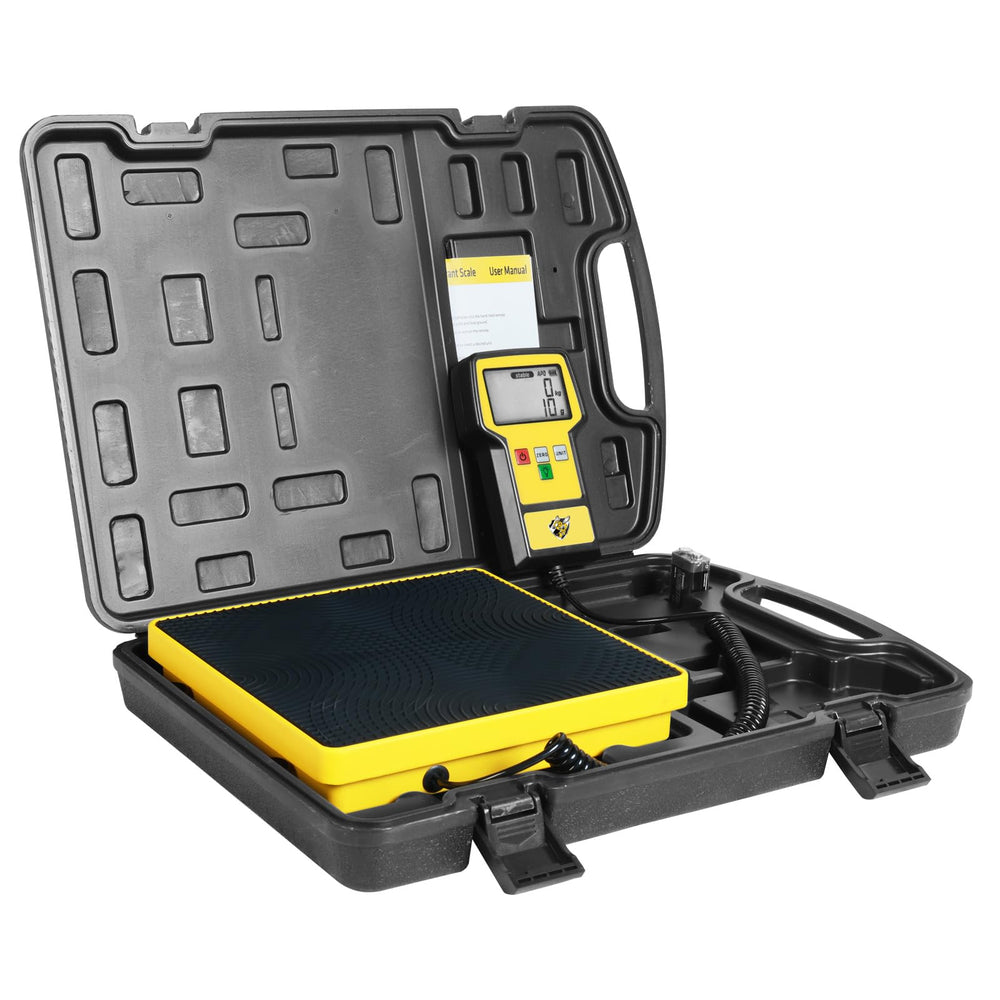 Yellow Jacket refrigerant scale with LCD screen delivers clear readings for precise charging.