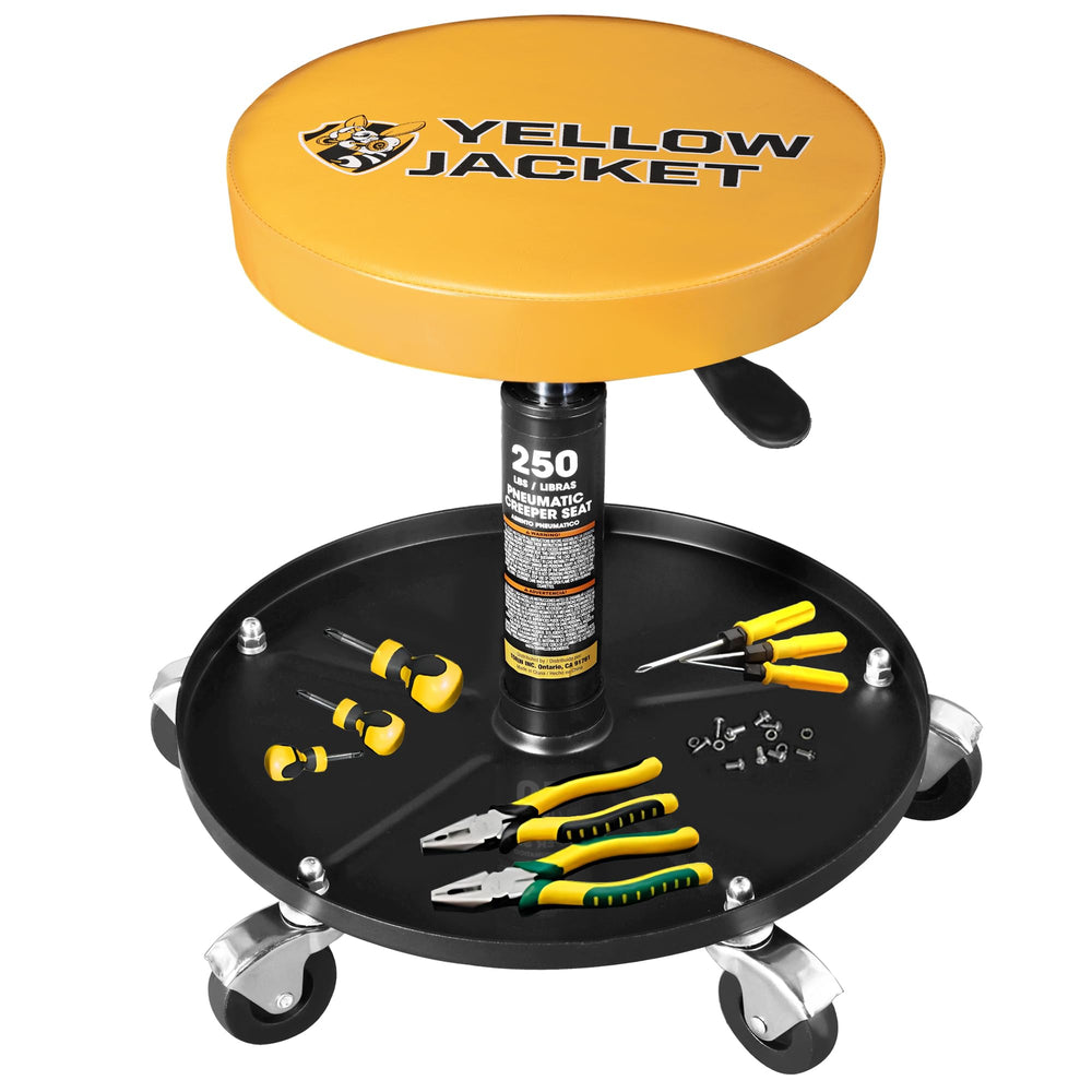 Yellow Jacket rolling stool side view with tool tray for quick garage access
