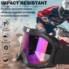 YENPK dirt bike goggles with multicolor lens adapt to changing light for riding and skiing.