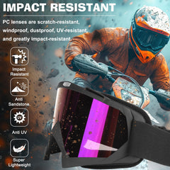 YENPK Motorcycle Goggles PC lens closeup highlights scratch resistance and UV protection.