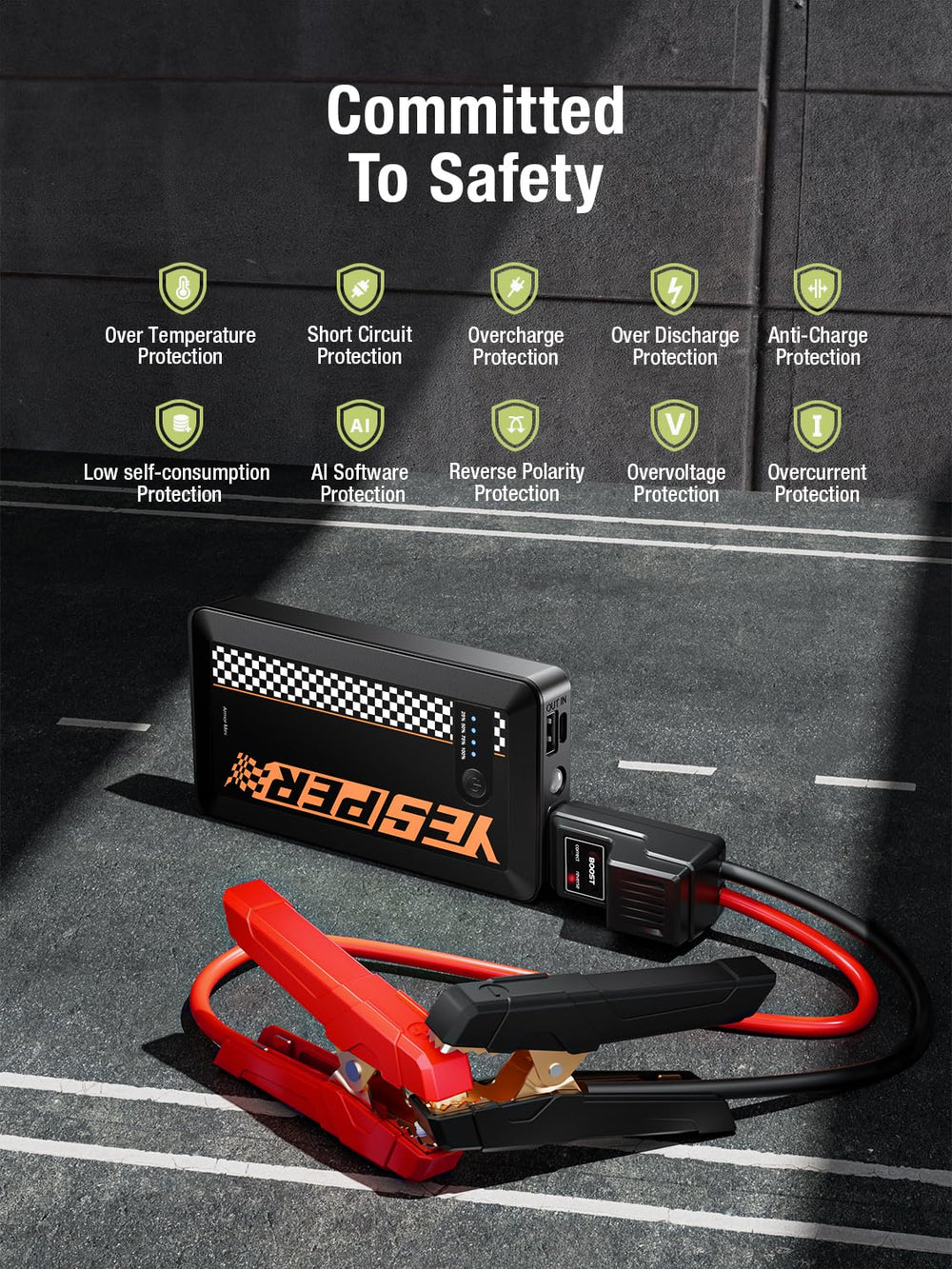 YESPER jump starter supports cars, motorcycles, trucks, SUVs, and more.