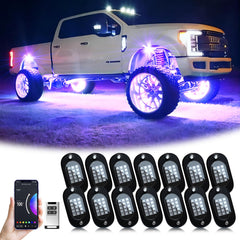 YiLaie RGB LED rock light 14 pods for ATV enhances trail visibility at night.